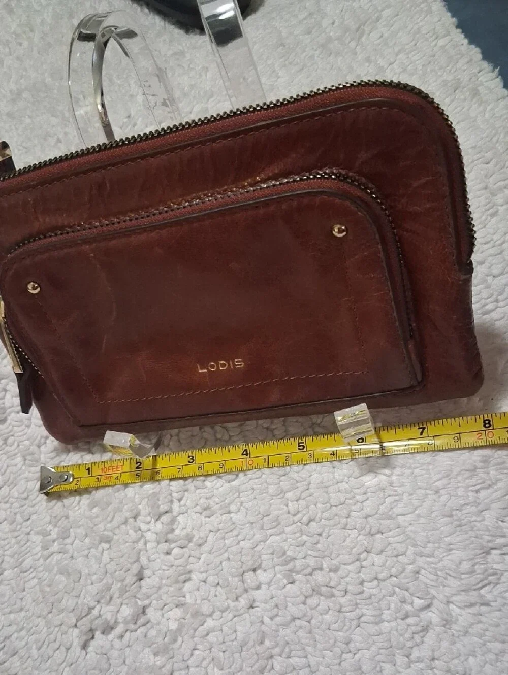 Lodis Leather Double Zip Pouch in Brown with Gold Hardware